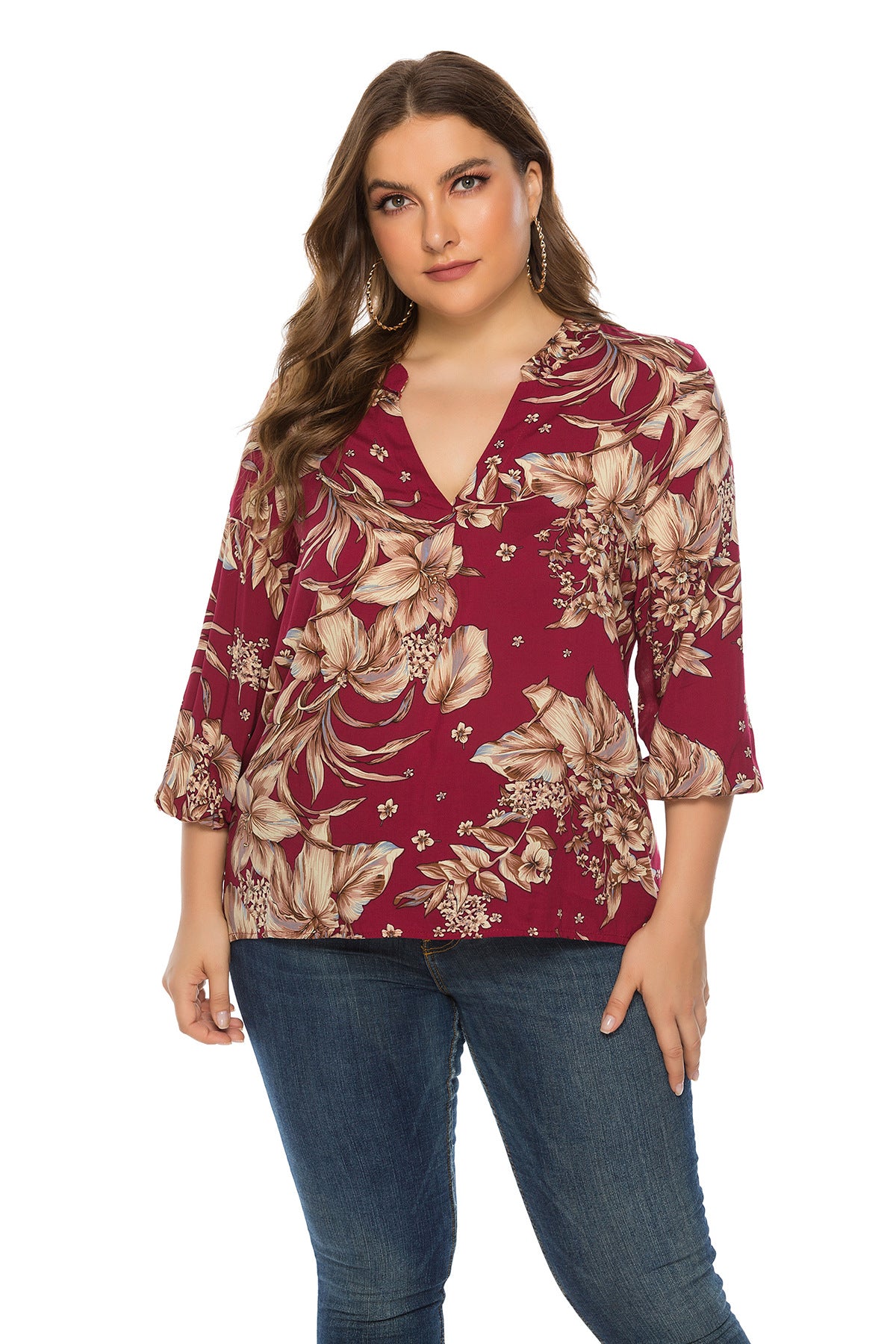 Plus Size Women Clothing Spring Autumn Long Sleeve V neck Printed Rayon Top