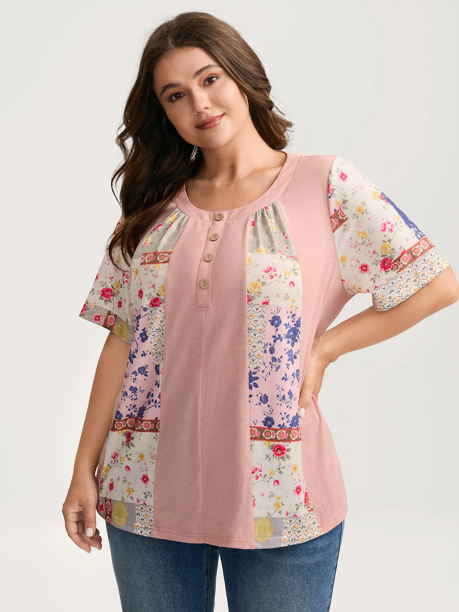 Stretchy Color Block Floral T-Shirt
