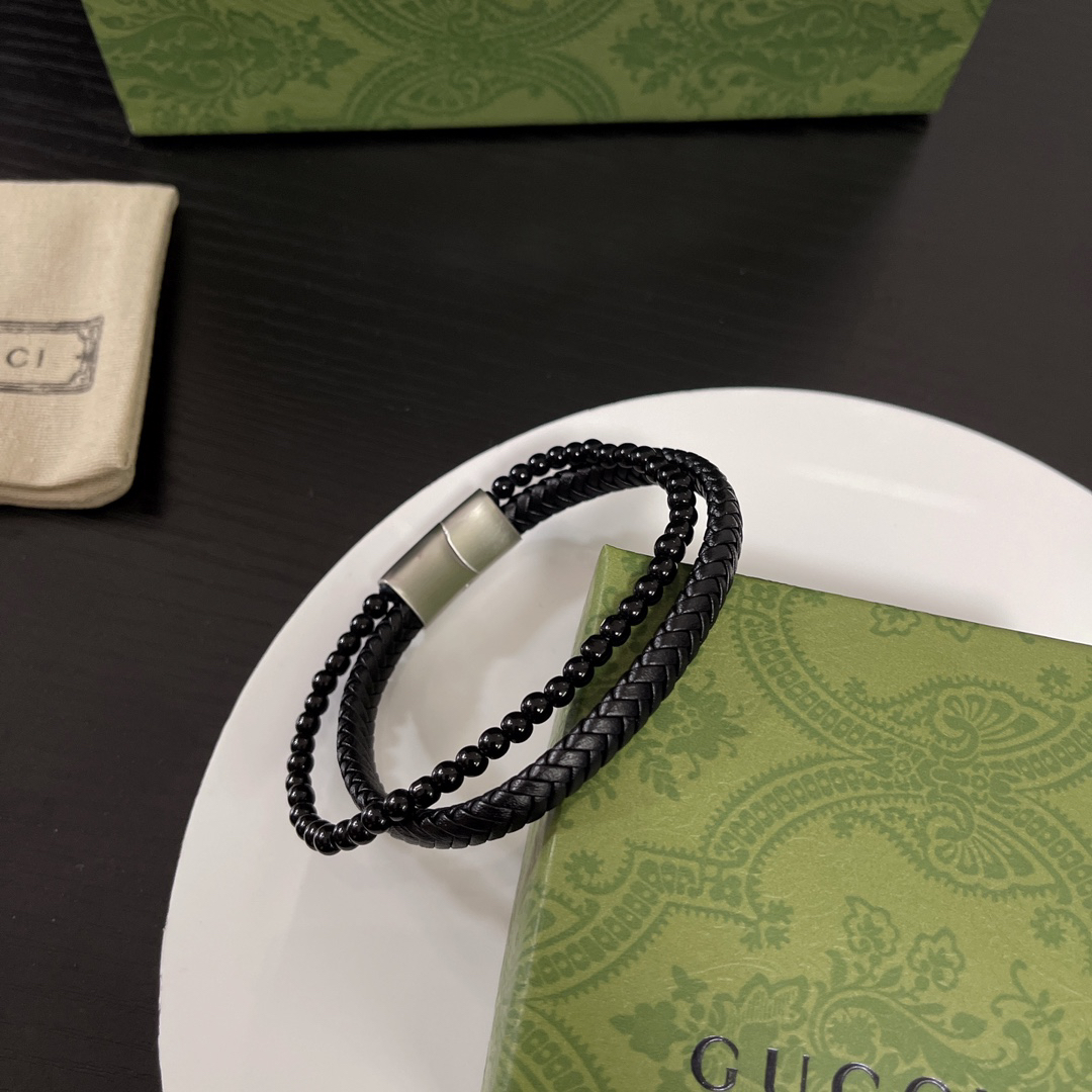 Gucci Braided Leather & Black Beads Bracelet