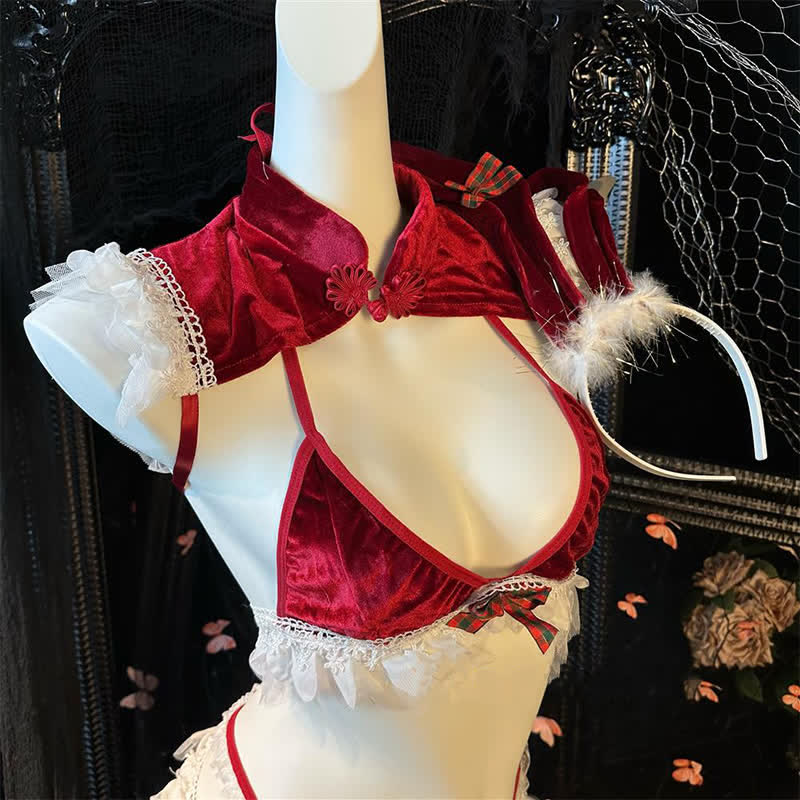Christmas Cosplay Bunny Qipao Lace Bikini Lingerie Set
