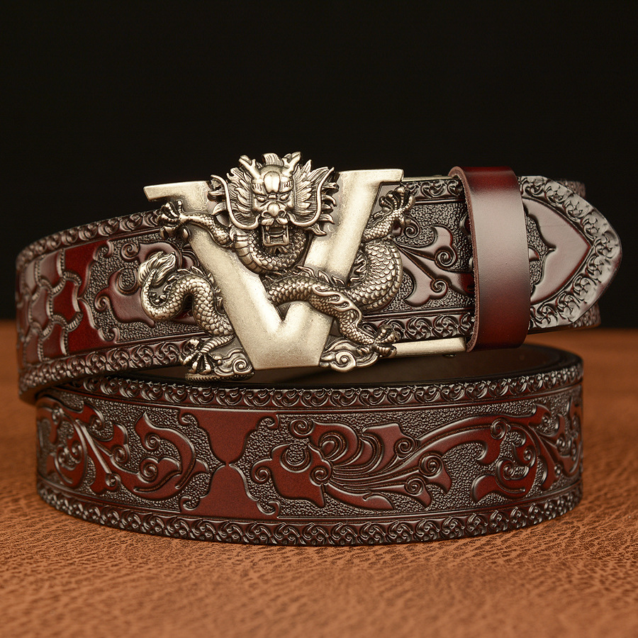 V Faucet Waist Buckle Cowboy Leather 3D Manual Engraved Belt