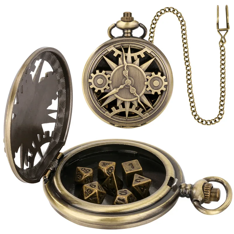 Steampunk Hollow Gear Cover Pocket Watch Case with 7pcs/set Metal Polyhedral Dices Pendant FOB Chain Gaming Accessory Gift