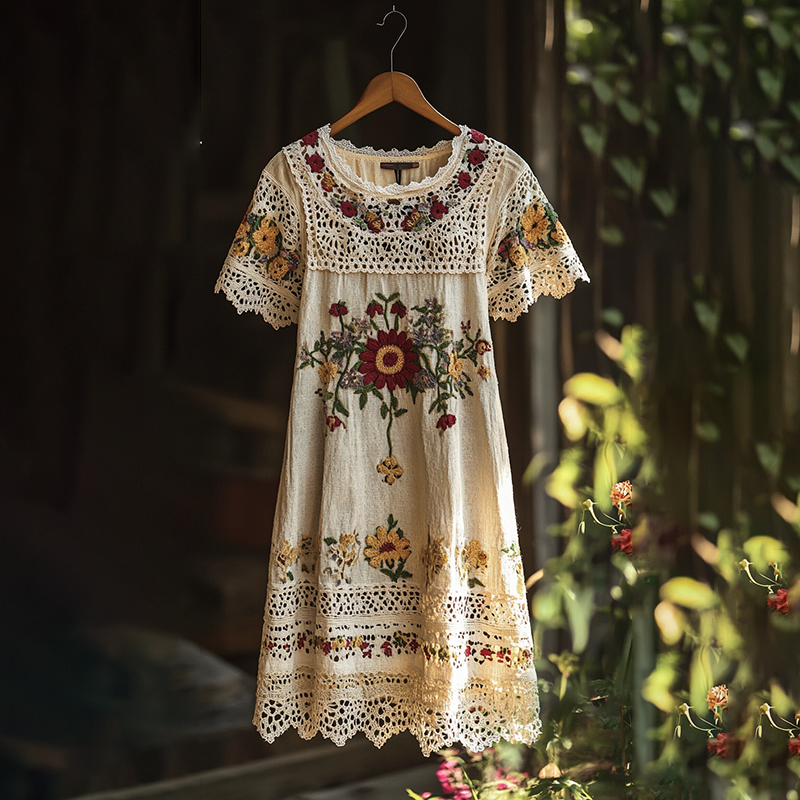 Women's Vintage Embroidered Floral Lace Round Neck Midi Dress
