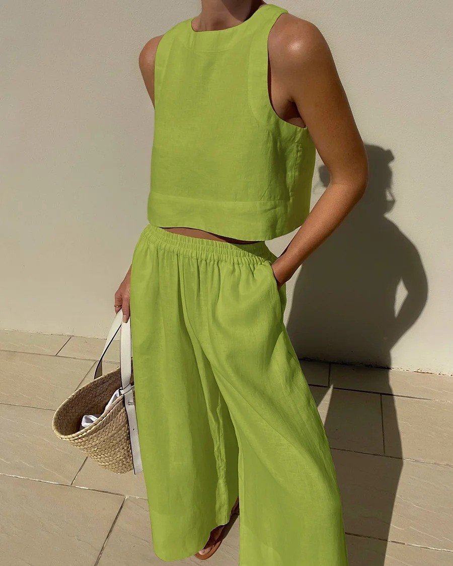 Women'S Casual Solid Color Cotton And Linen Two-Piece Suit