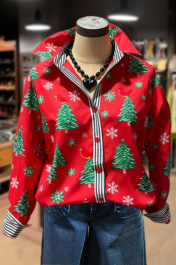 Christmas Tree Print Striped Collar Blouse