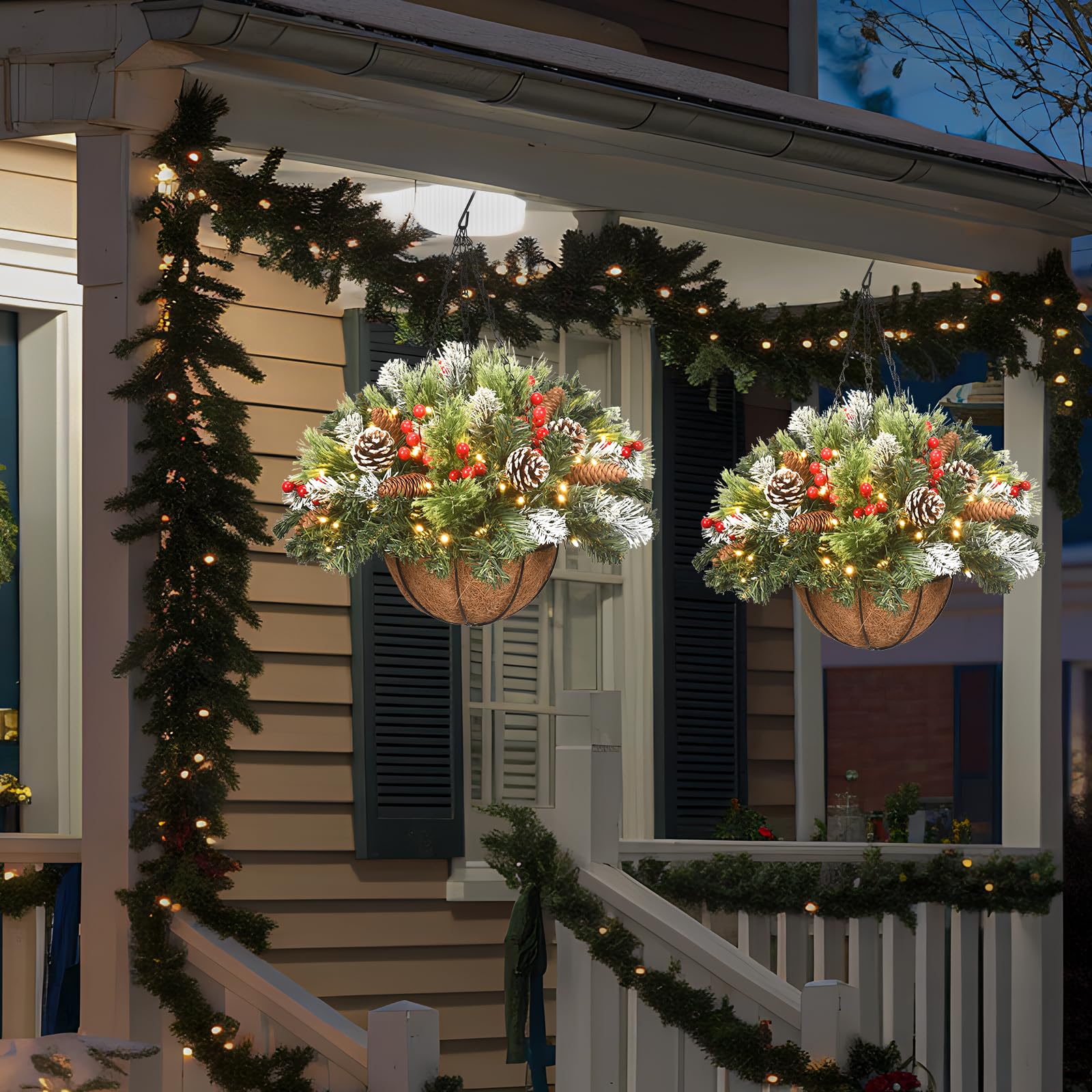 🔥Last Day 50% OFF🔥Pre-lit Artificial Christmas Hanging Basket - Flocked with Mixed Decorations and White LED Lights - Frosted Berry