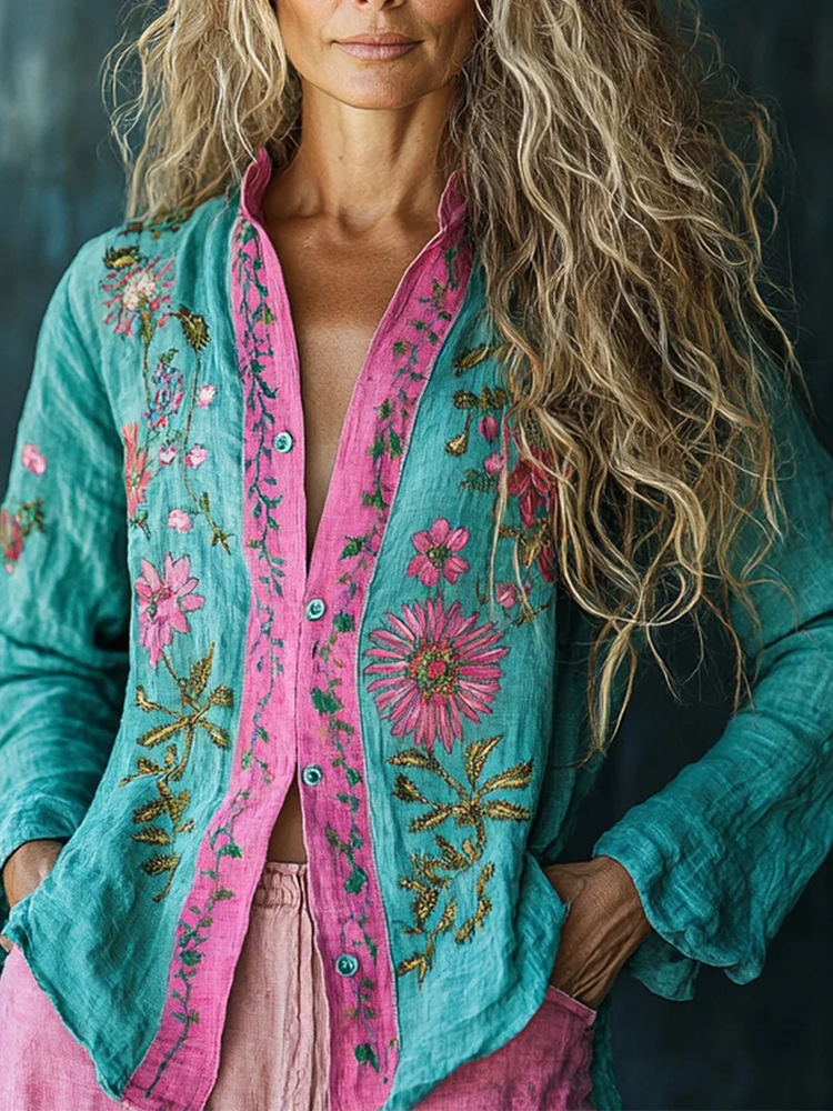 Bohemian Holiday Style Linen Floral Print  Long Sleeve Shirt