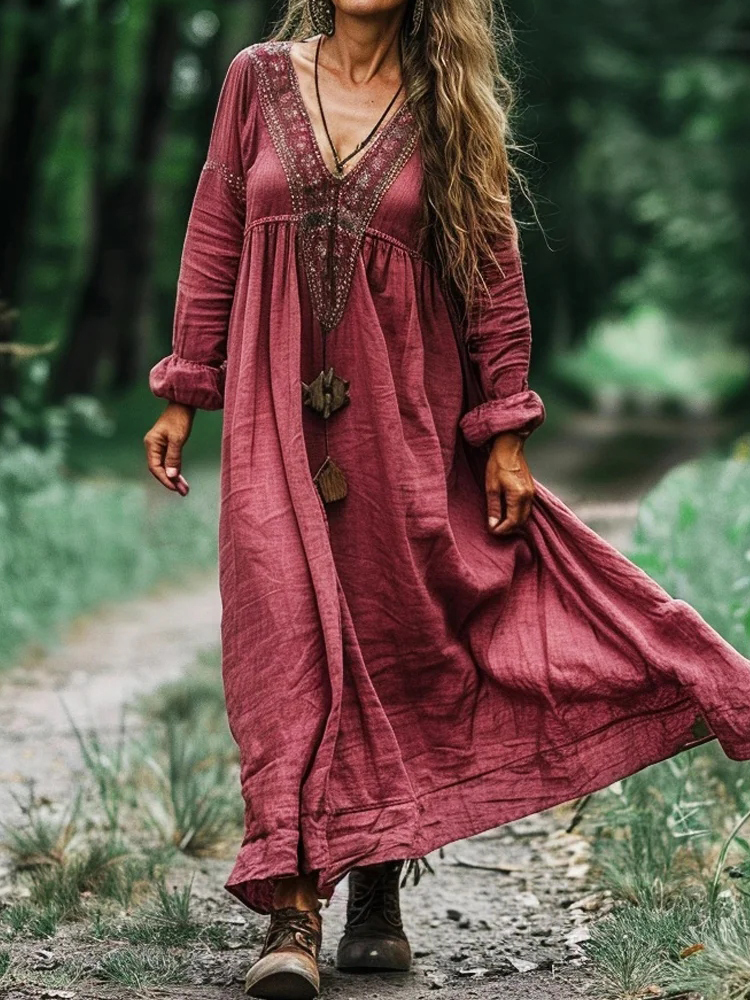 Women's Vintage Bohemian V-neck Linen Blend Ethnic Midi Dress