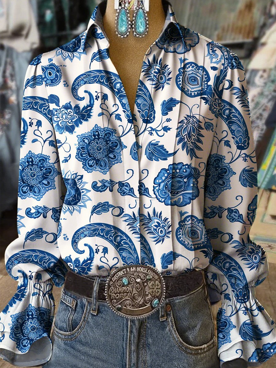 Women's Western Vintage Paisley Floral Print Western Bell Sleeve Shirt