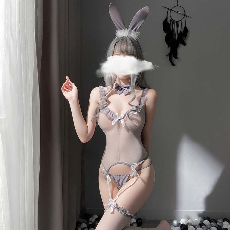 Sweat Ruffle Rabbit Ears Bow Strap Stockings Lingerie