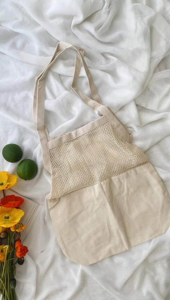 Beige Mesh Paneled Canvas Bag