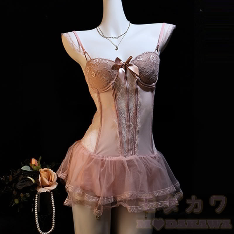 Lace See-through Bow Lingerie Dress