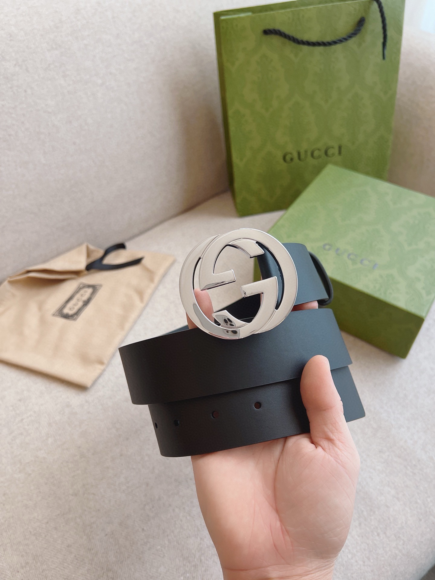 Gucci Interlocking Double G Buckle Leather Belt 4.0cm Width
