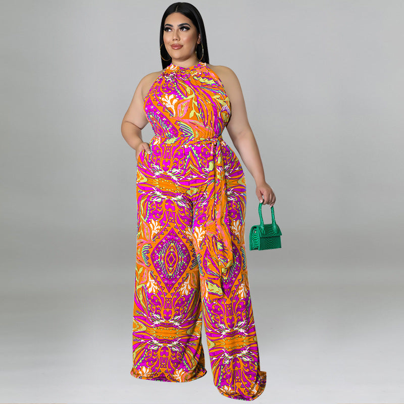 Plus Size Women Clothes Printing Collar Jumpsuit