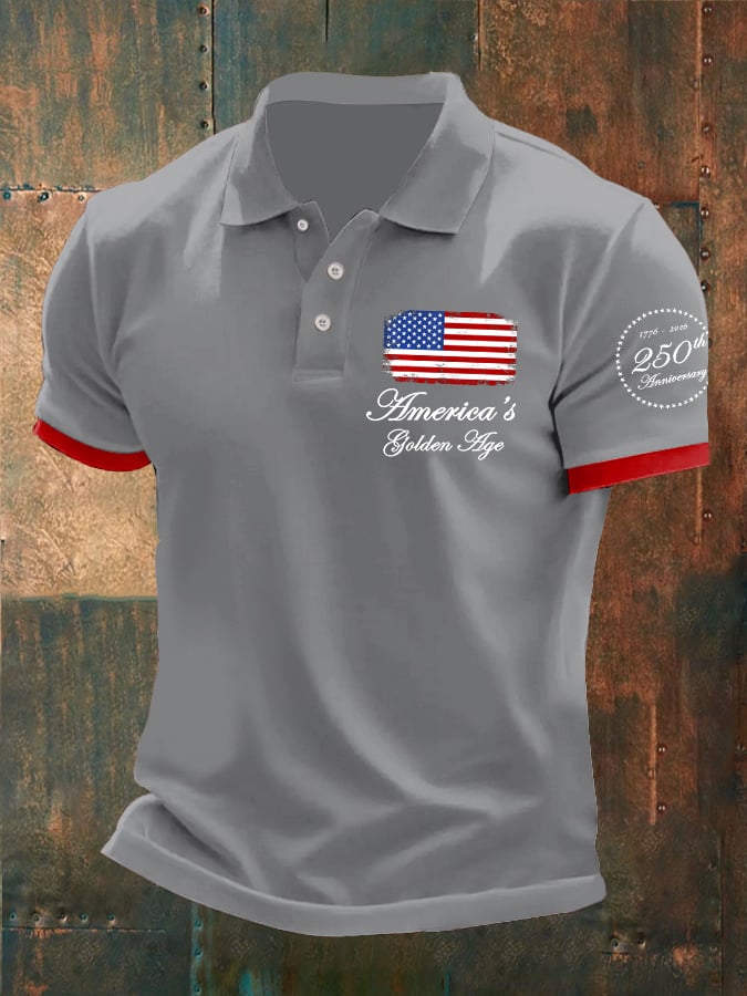 Man's Vintage Independence Day America's Golden Age 1776-2026 250th Anniversary Printed Polo Shirt
