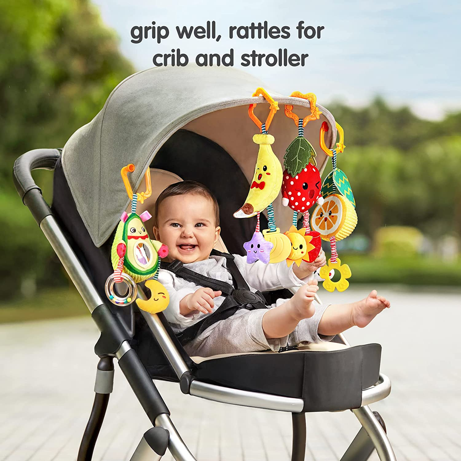 Juguetes de bebé para 3, 6, 9, 12 meses, sonajeros de frutas colgantes, aguacate, plátano, naranja y fresa, juguetes móviles para cochecito, sonajeros suaves de felpa para niños, regalos de Navidad para niñas, paquete de 4