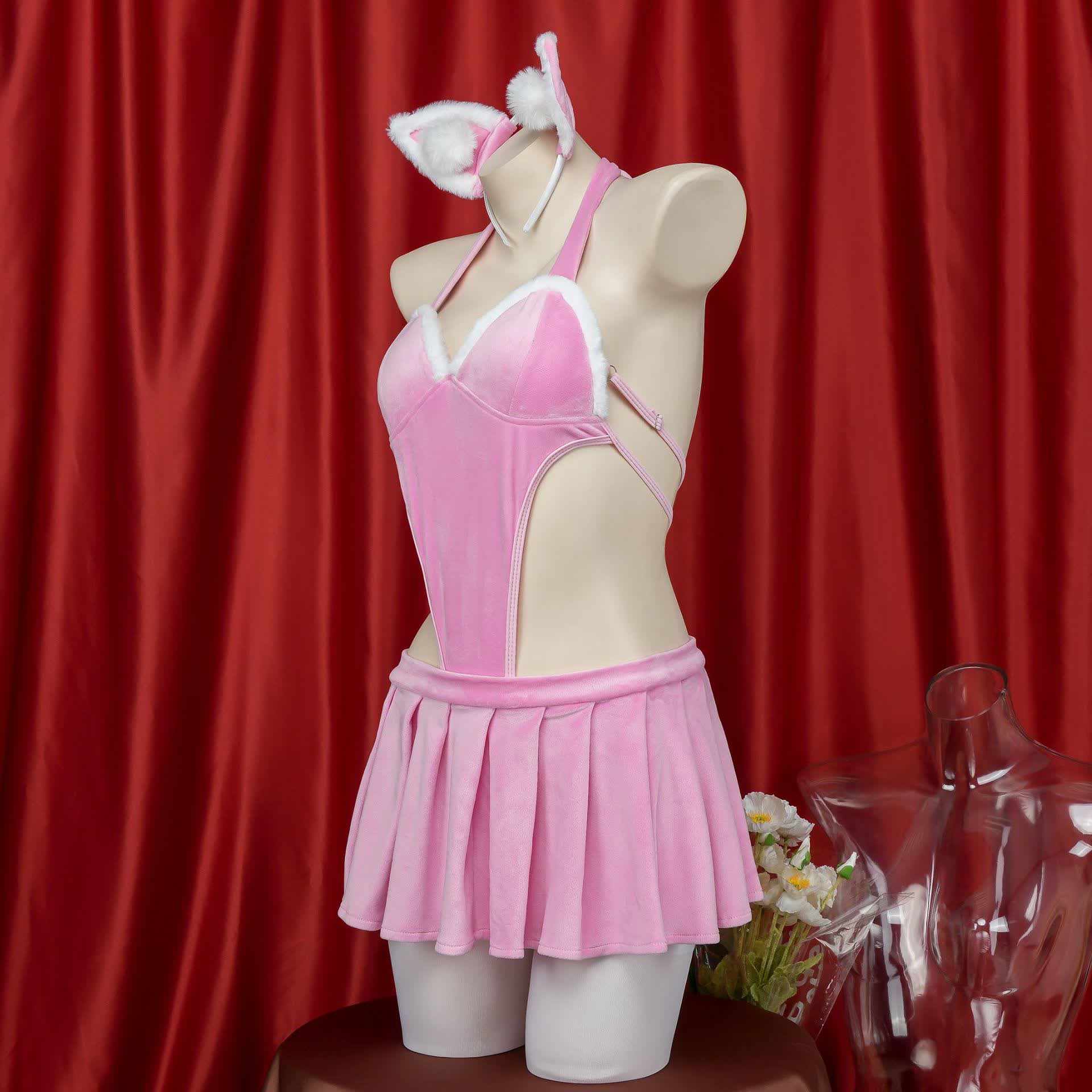 Cosplay Kitty Lace-up Jumpsuit Skirt Lingerie Set