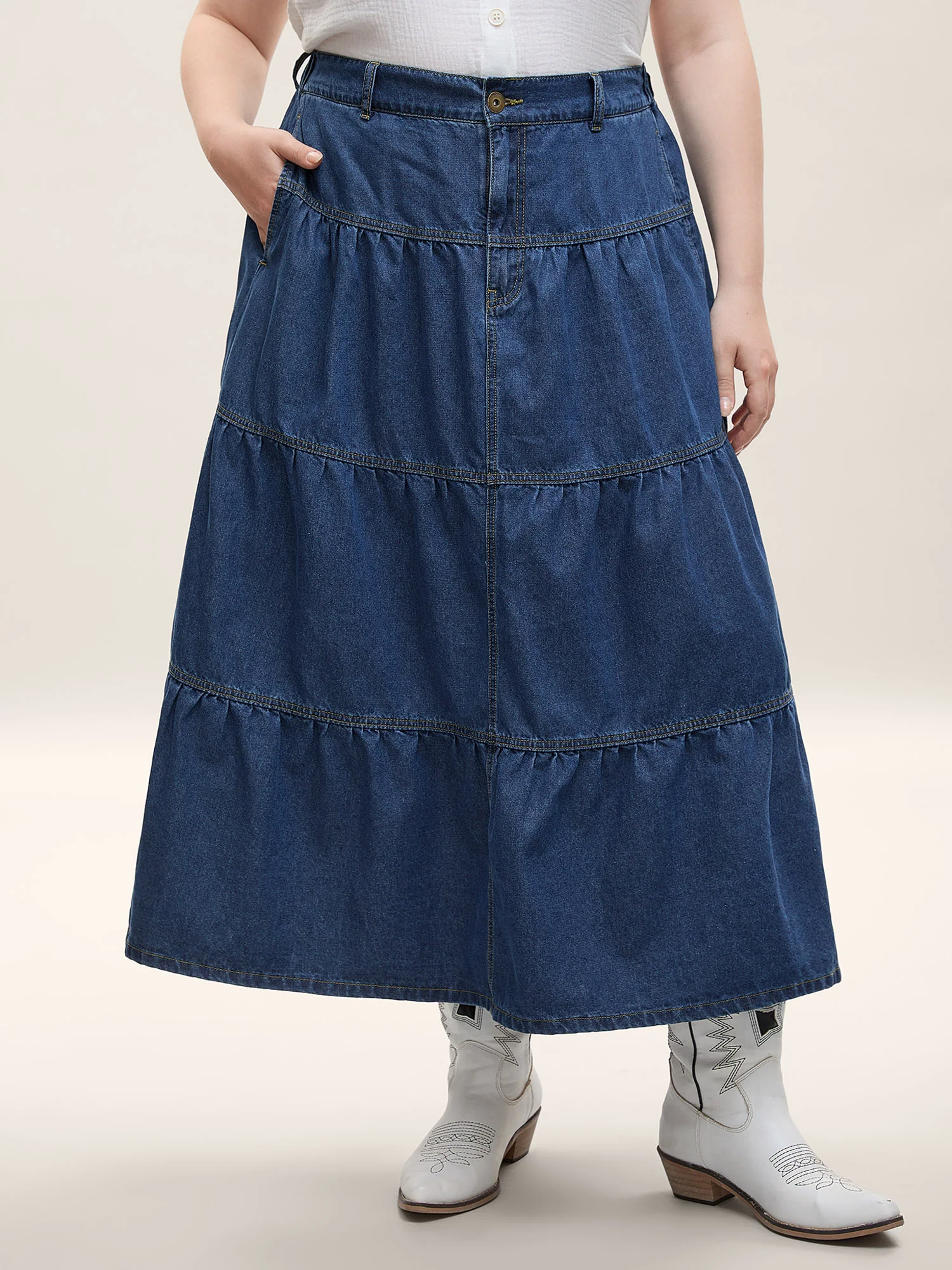 Seamed Tiered A-Line Denim Maxi Skirt