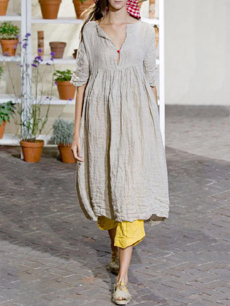 Pleated Solid Half Sleeve Comfy Midi Dress