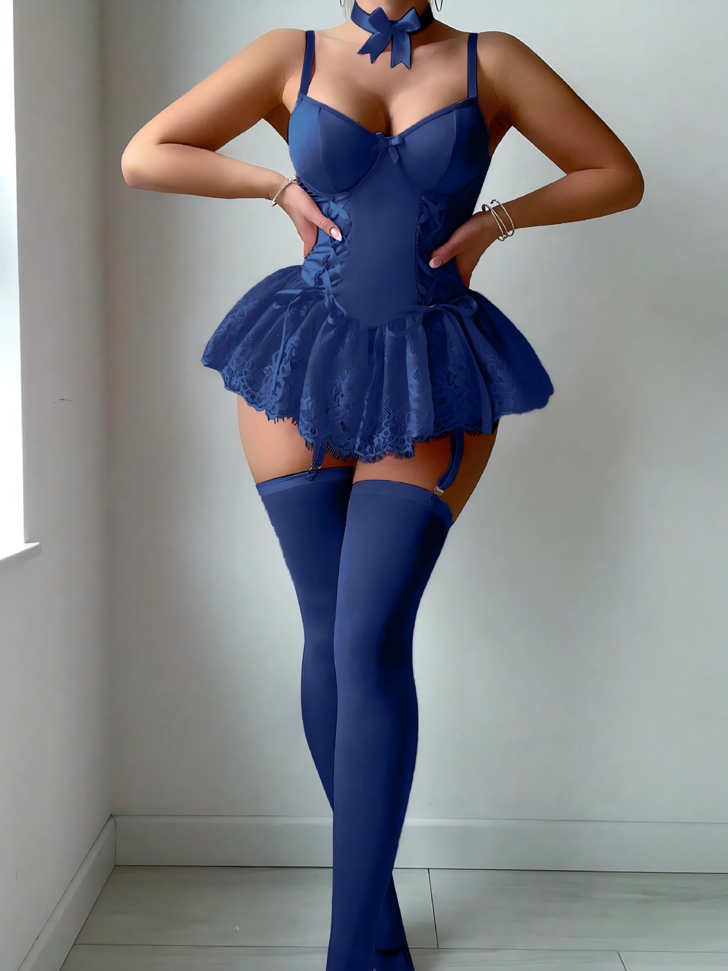 Bodycon bodysuit with lace trim and garter stockings - sexy lingerie