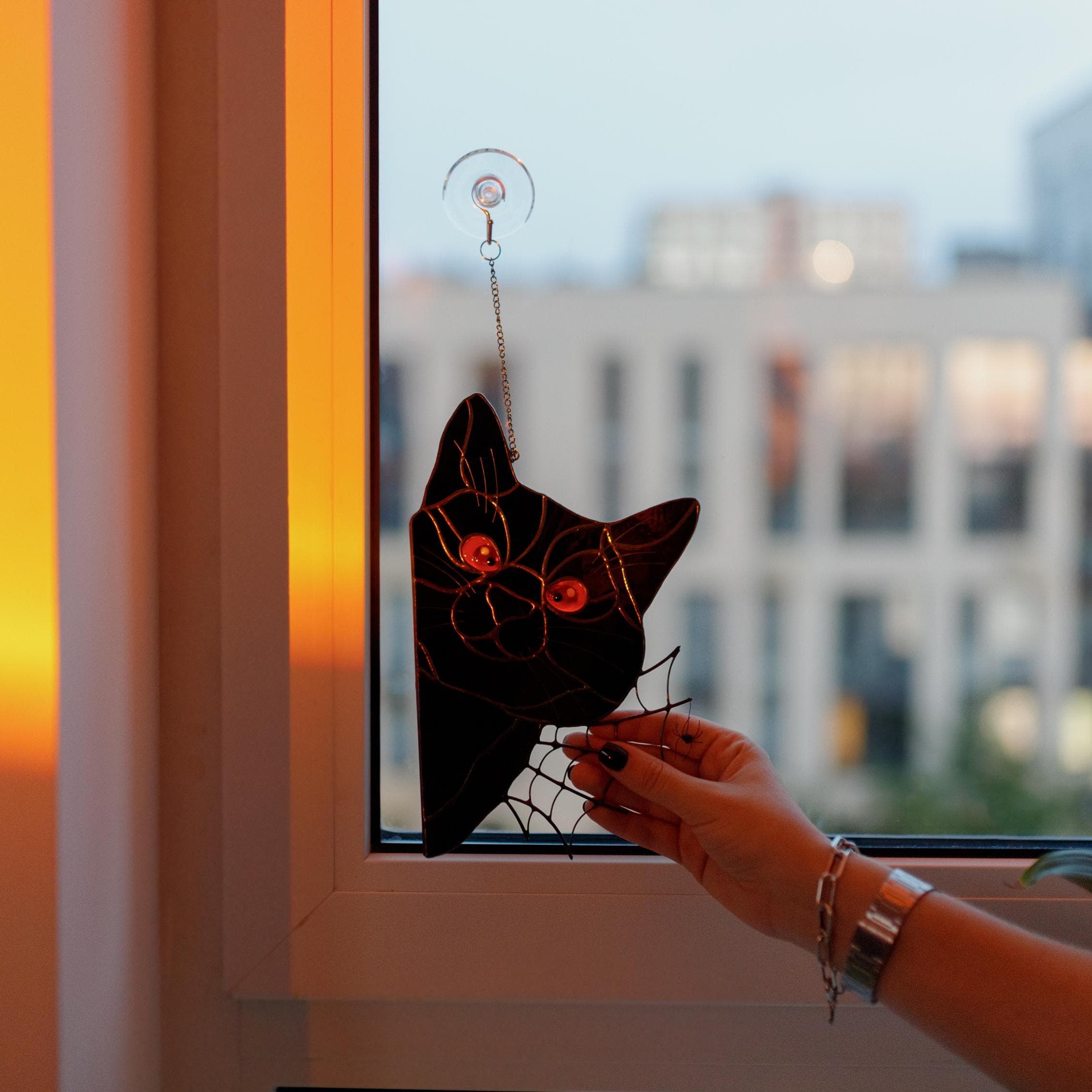 Spooky Season Gift for Cat Lover-Stained Glass Black Cat Suncatcher