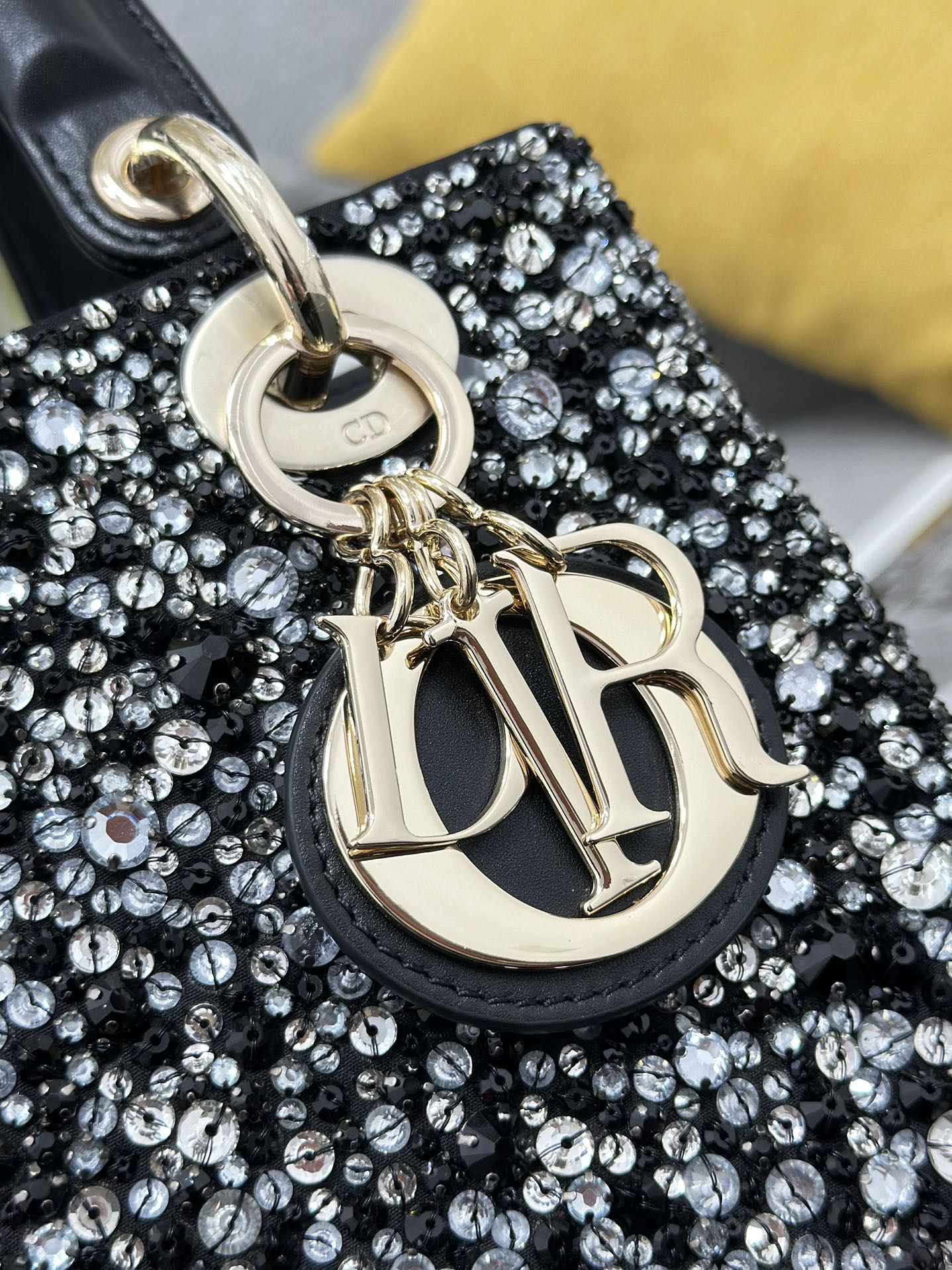 Dior Lady four-grid embroidery diamond black Princess Diana bag M0538