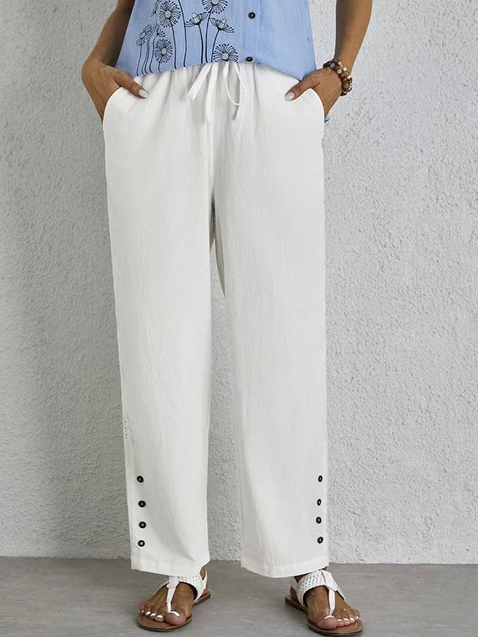 Casual Elegant Lace-Up With Pockets Buttons Lace Side Cotton Linen Trousers
