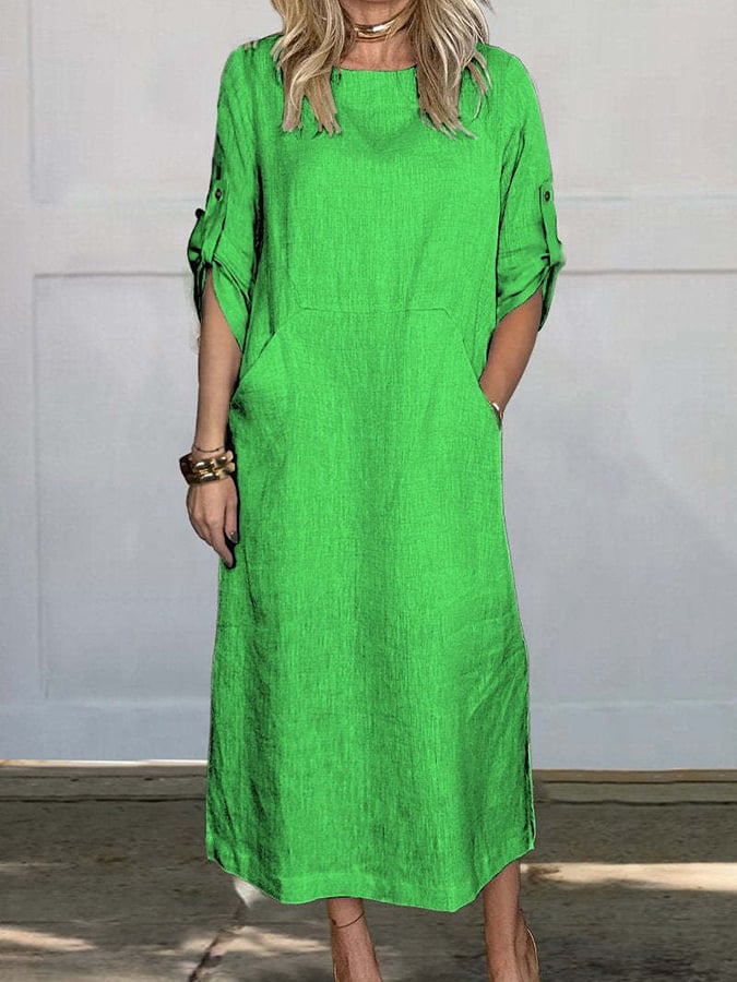 Women's Casual Loose Solid Color Cotton And Linen Dress