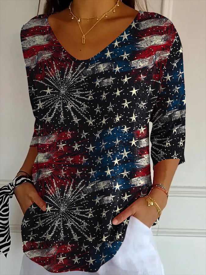 Women's Indepedence Day Printed Casual V Neck T-Shirt