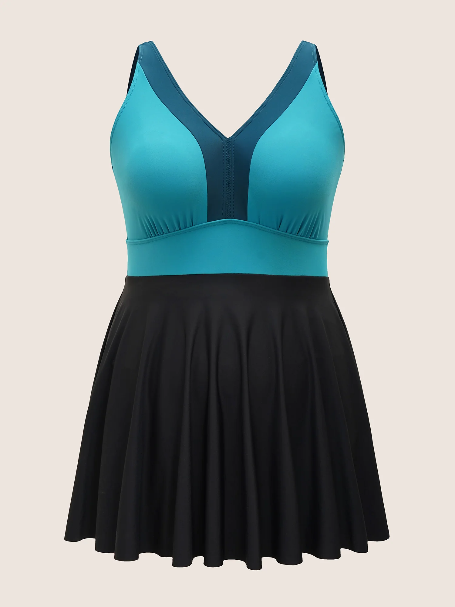 V Neck Patchwork Contrast Gathered Swim Dress