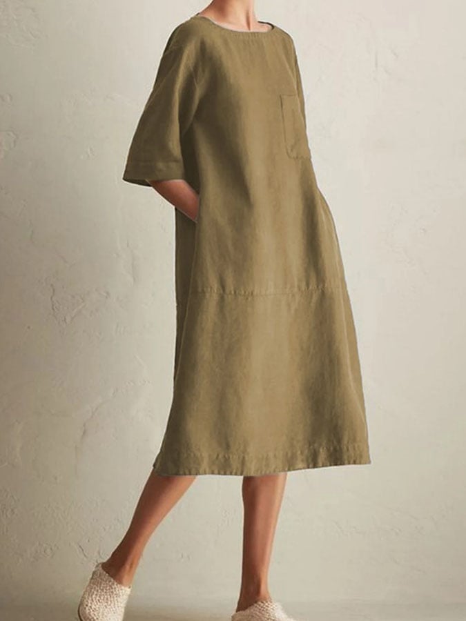 Solid Color Round Neck Pocket Half Sleeve Casual Dress