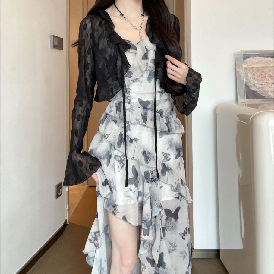 New Style Lotus leaf edge Butterfly skirt floral irregular dress