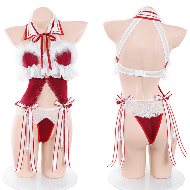 Christmas Hollow Out Bow Knot One-piece Lingerie Set