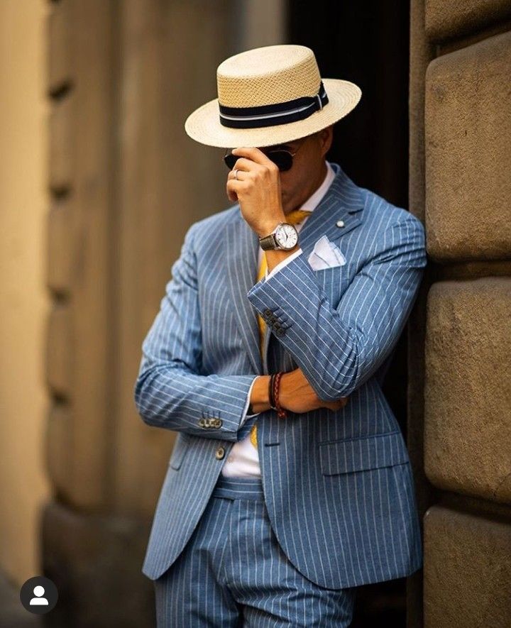 Men's Western Casual Blue Stripe Print Long Sleeve Jacket Blazer