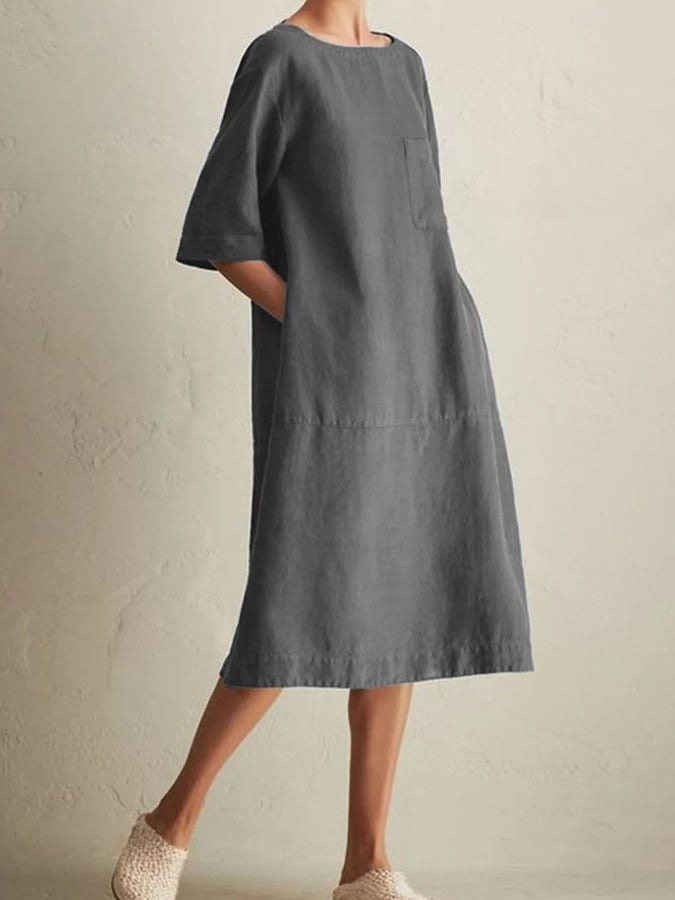 Solid Color Round Neck Pocket Half Sleeve Casual Dress