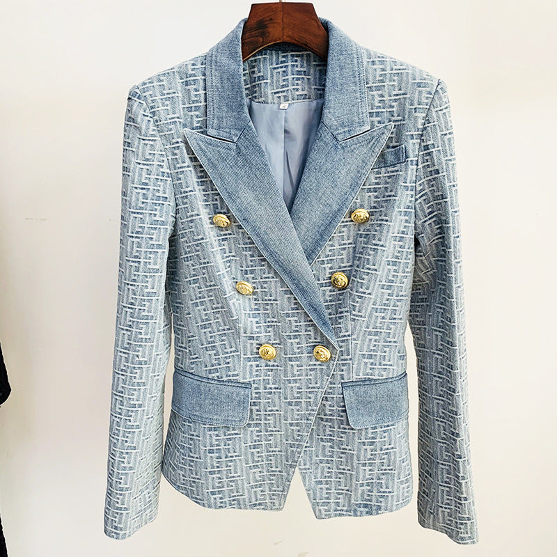 Plus Size Slim Double Breasted Lion Buckle Maze Jacquard Denim Blazer