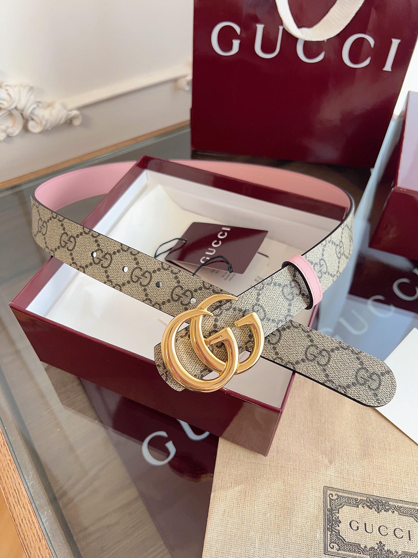 Gucci Double G steel buckle women's cowhide double-sided belt 3.0cm wide