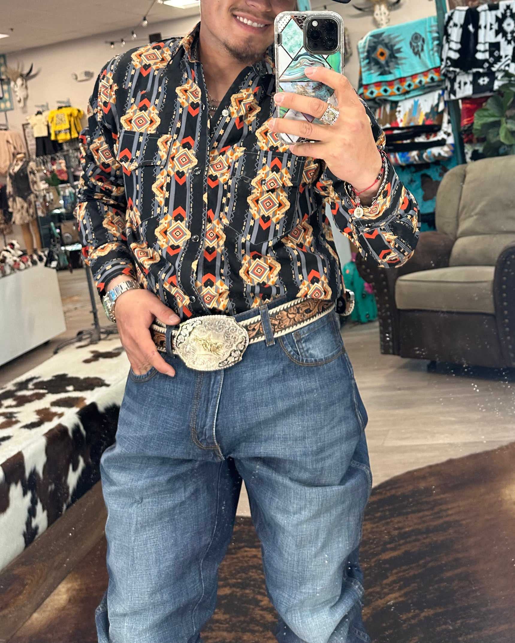 Men's Casual Retro Western Cowboy Stripe Yellow Long Sleeve Shirt