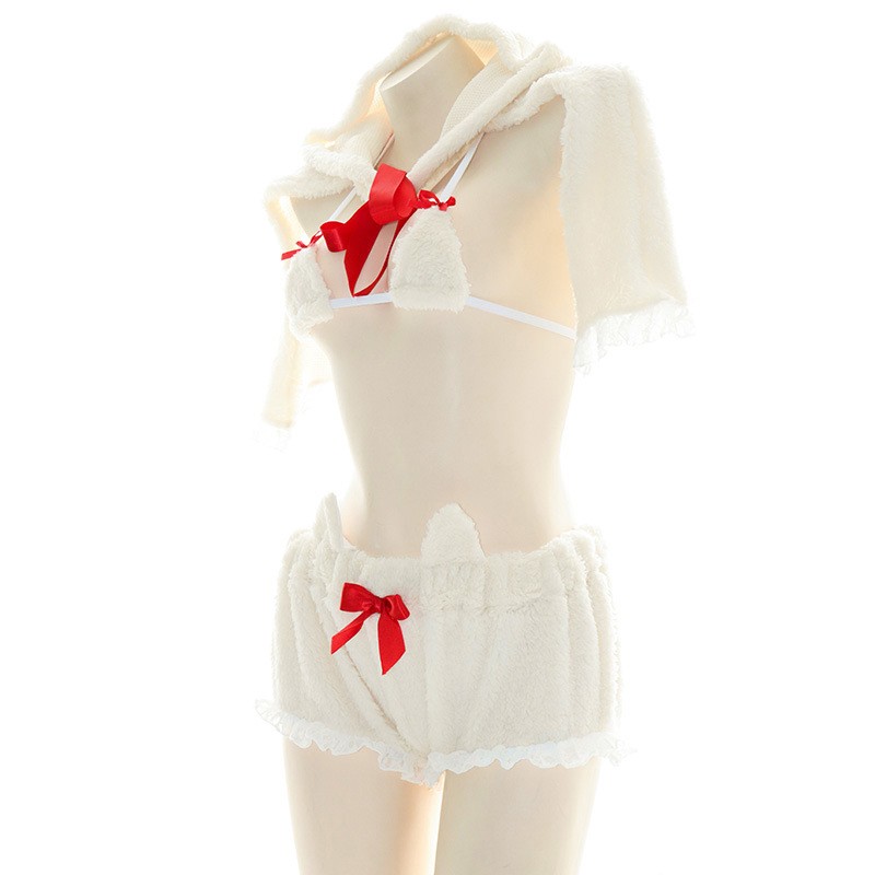 Bow Knot Lace Up Cloak Cat Ears Halter Plush Lingerie
