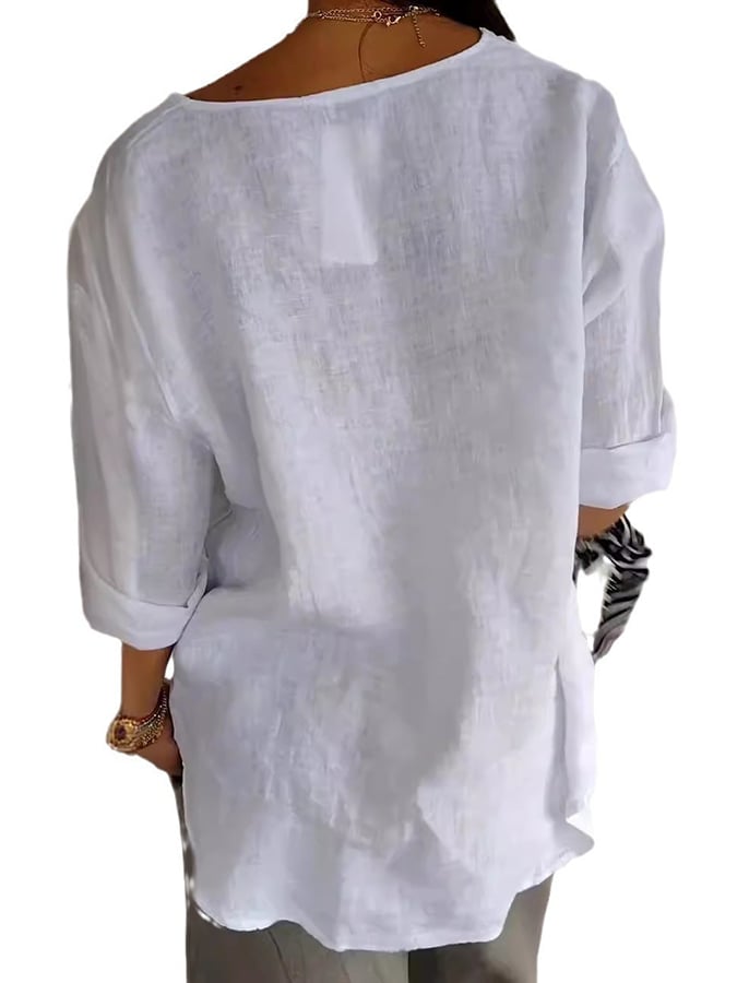Women's V-Neck Long Sleeve Loose Button Design Casual Shirt