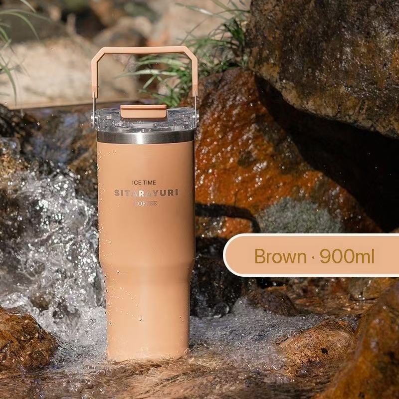 Portable stainless steel thermos flask, stylish design, convenient dual-drink straw water bottle, car water cup