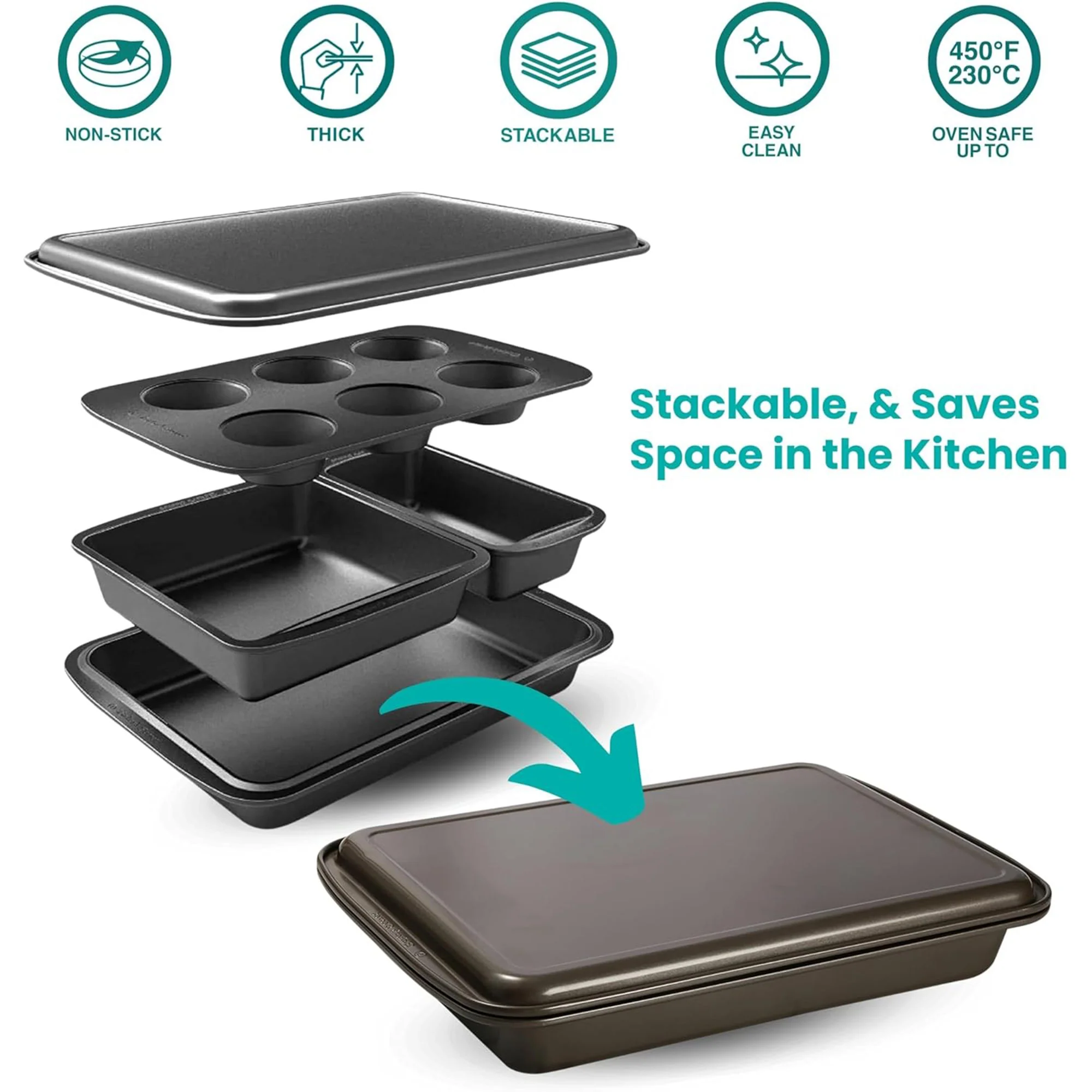 Baker..s Secret 5 Piece Essentials Non-Stick Steel Baking Set, Dark Gray