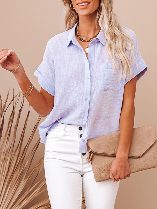 Women's cotton linen short sleeves ladies lapel buttoned shirt