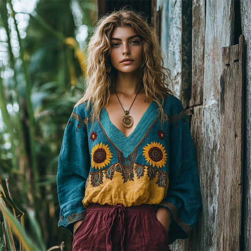 Sunflowers Ethnic Embroidered Contrast Color Linen Blend Tunic