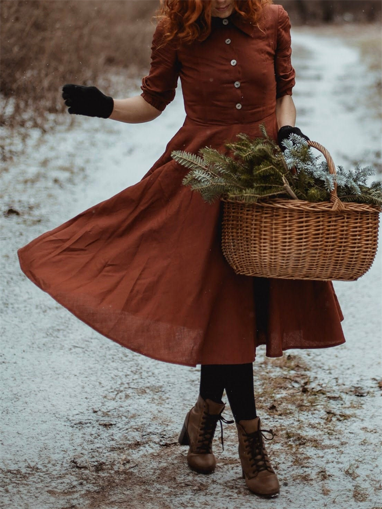 Vintage Button Up Wide Skirt Midi Dress