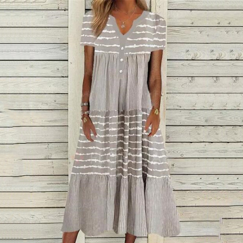 Stripes Printed Pleat V Neck Midi Dress