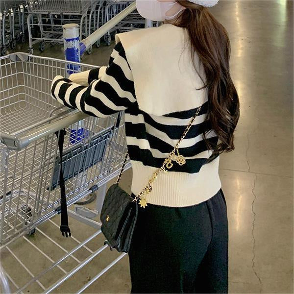 Sailor Collar Striped Sweater Coat with Niche Design and Hot Drilling Details