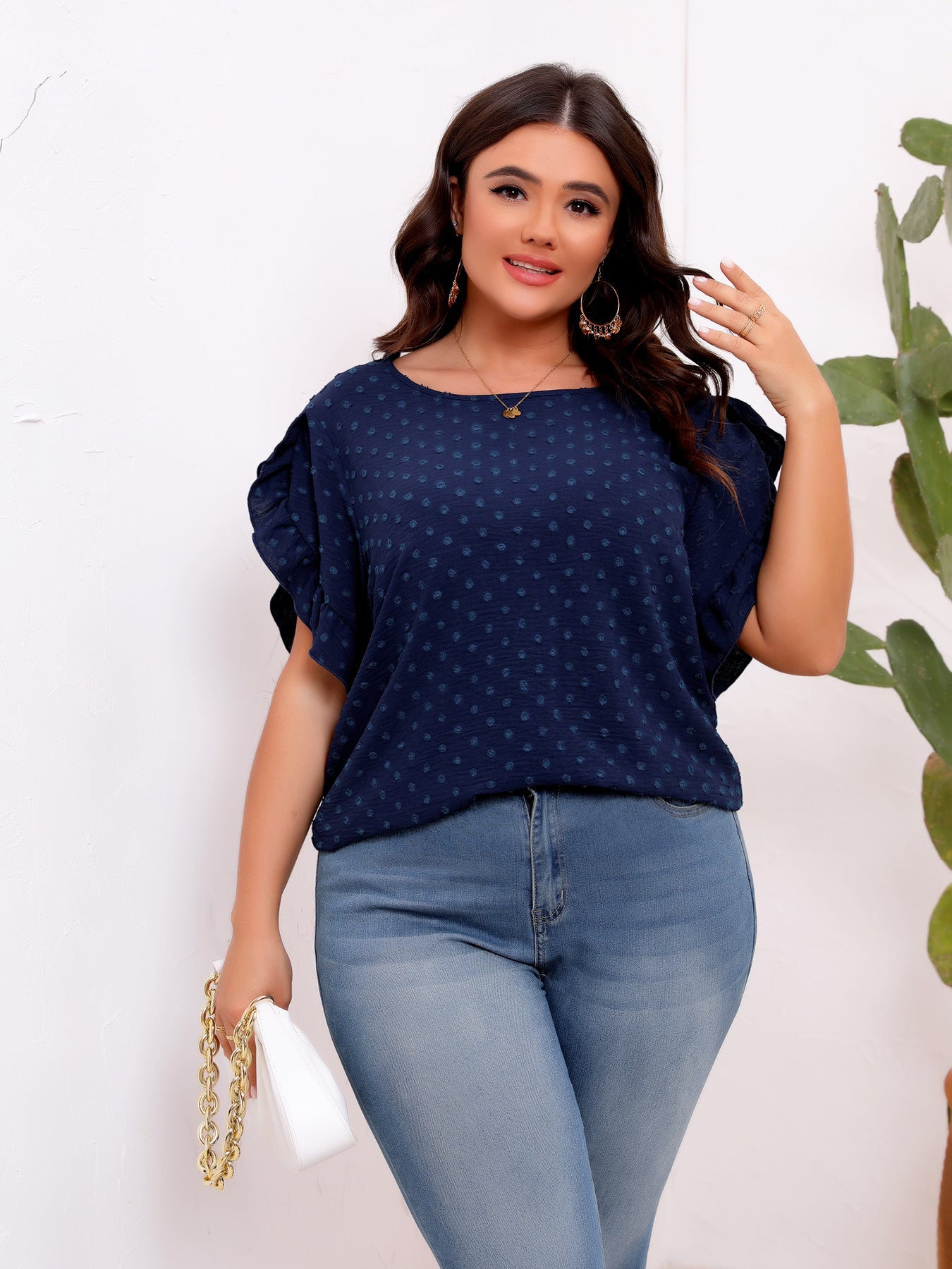 Plus Size Women Ruffle Sleeve round Neck Short Sleeve Shirt