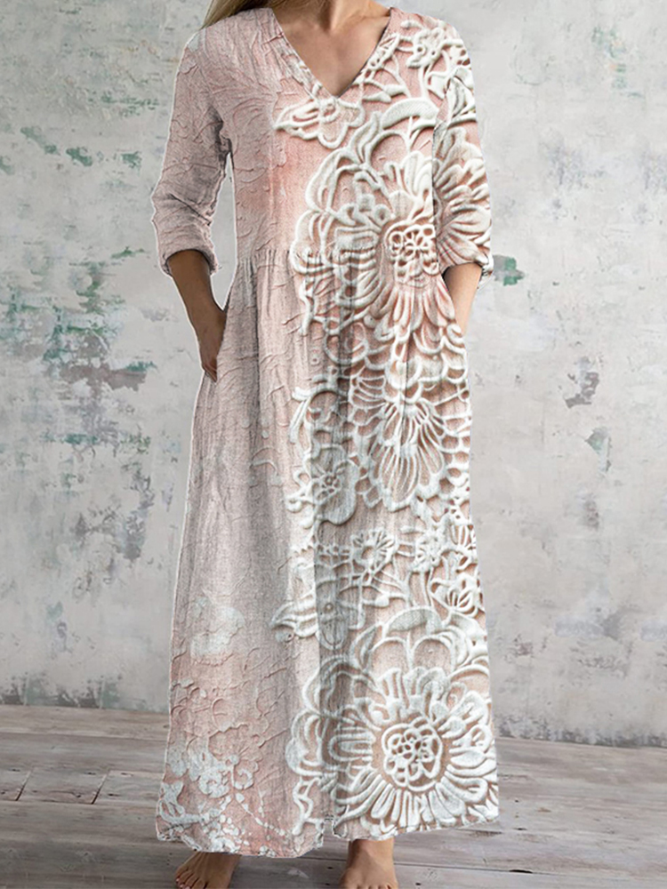Vintage Floral Lace Linen Blend V Neck Maxi Dress