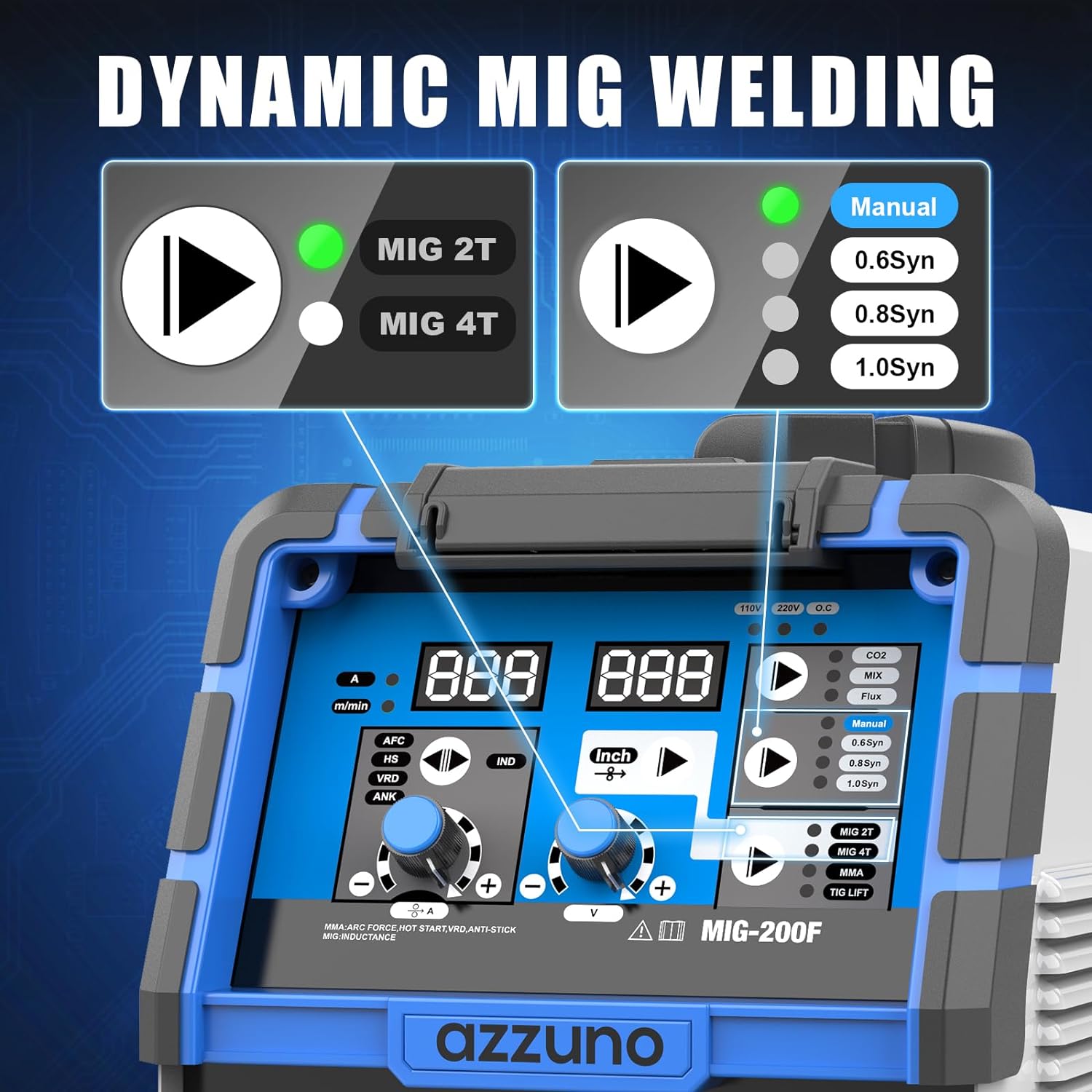 AZZUNO 200A MIG Welder 110V/220V Dual Voltage multiprocess welder Gas Gasless MIG Welding Machine